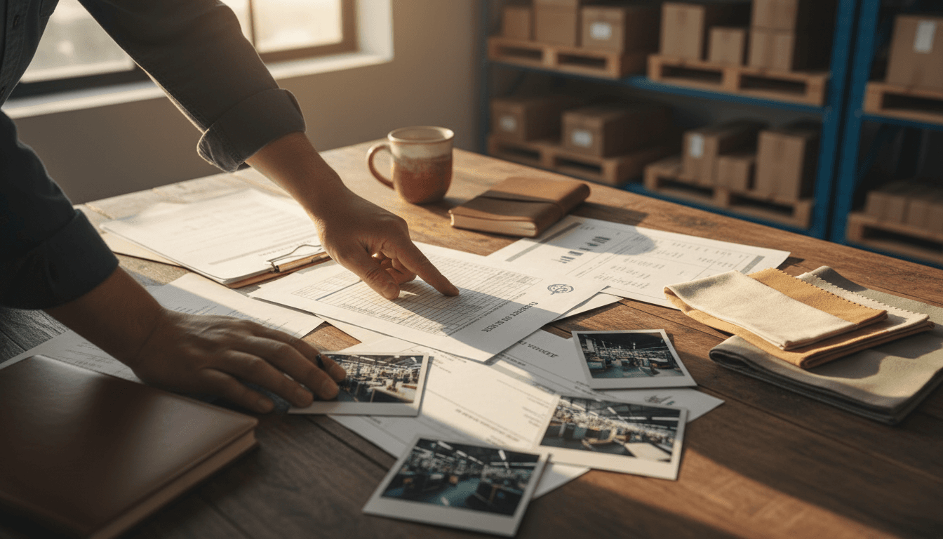 Procurement specialist reviewing sourcing documents and product samples