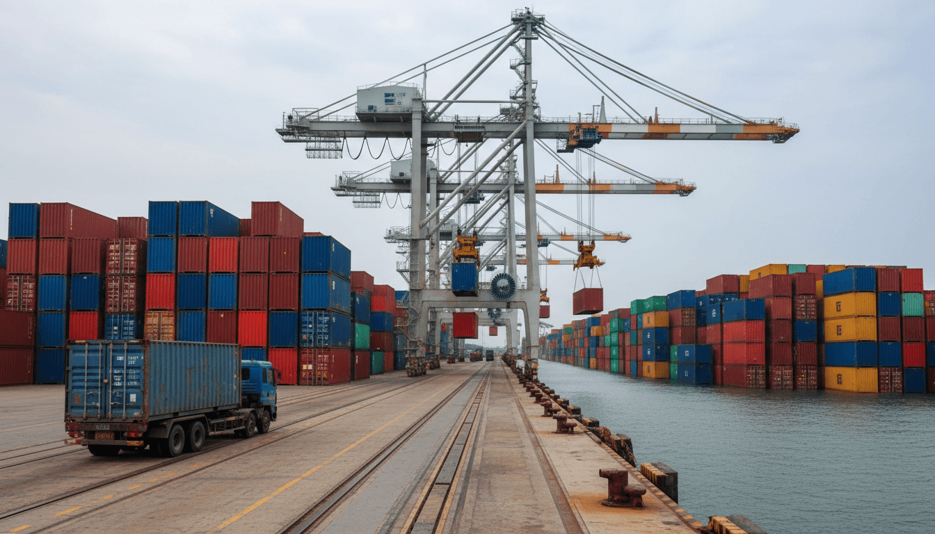 Busy shipping port with stacked containers and loading cranes