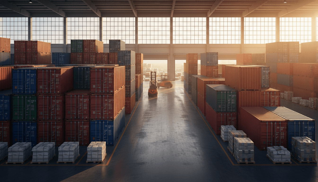 Modern logistics warehouse with organized shipping containers and efficient supply chain operations under warm industrial lighting