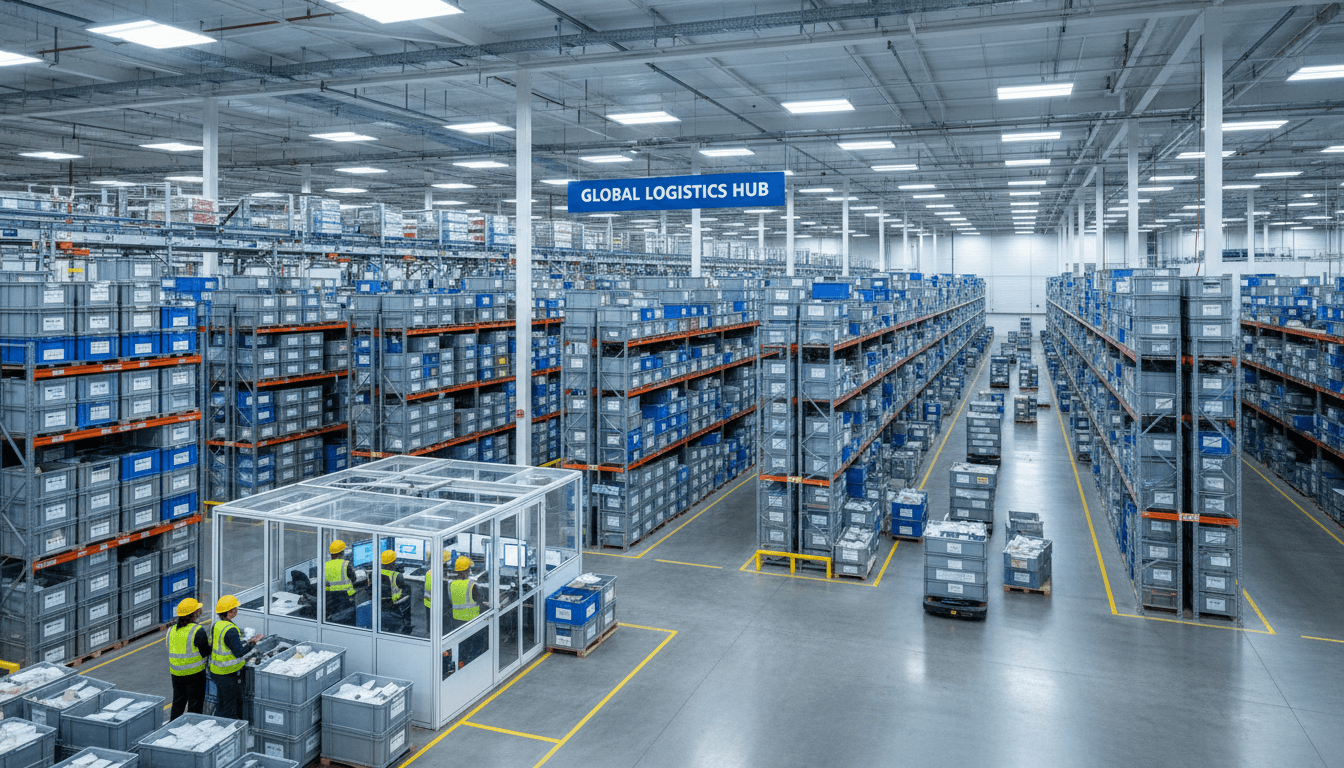 Modern global supply chain warehouse with organized containers and efficient logistics operations