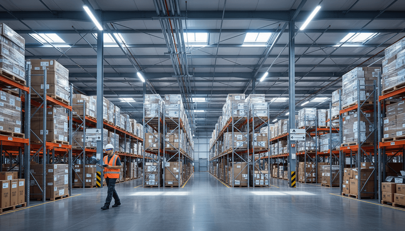 Modern warehouse with organized containers and inventory management systems