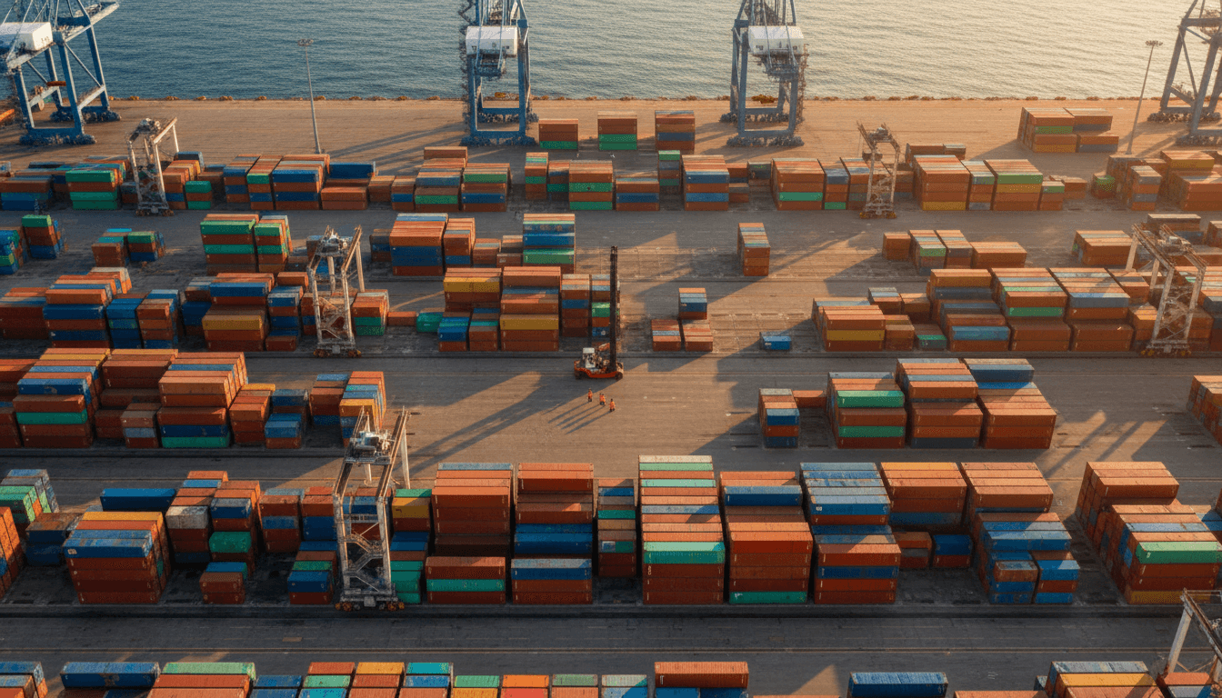 Stacked shipping containers at international port facility