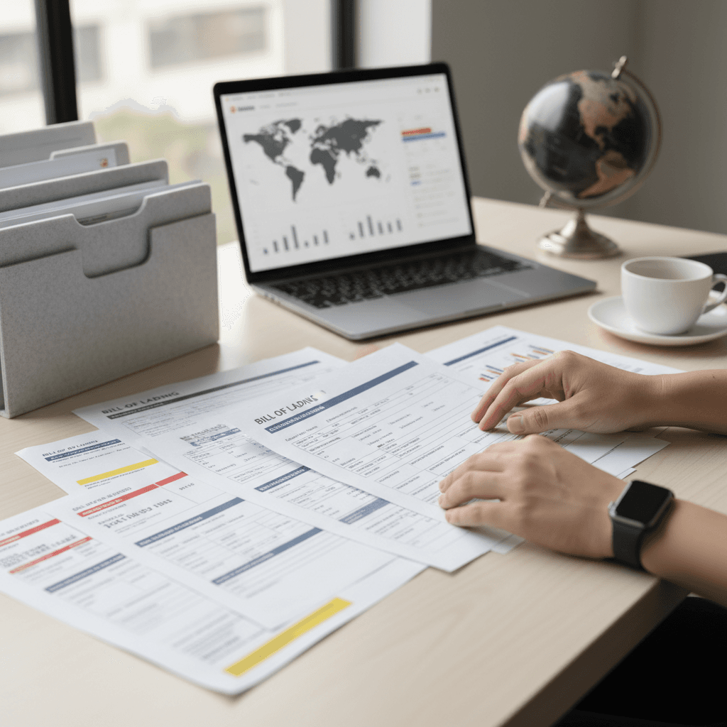 Business professional reviewing global supply chain documentation